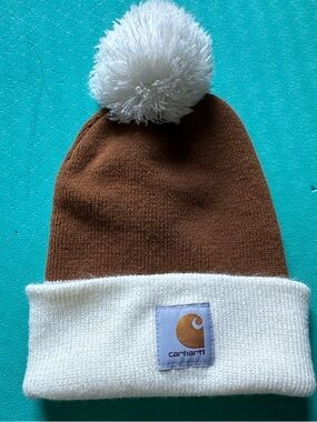 Carhartt Brown and White Pom Cuffed Beanie